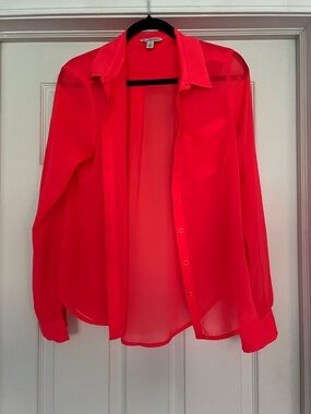 American Eagle Outfitters Sheer Button-Down Shirt in Bright Red